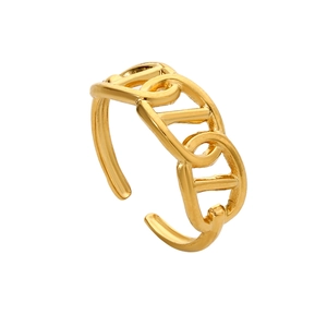 Detailed view of a gold hollow chain-link adjustable stainless steel ring for women