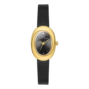 Montre femme ovale dorée élégante avec bracelet en cuir noir et cadran minimaliste épuré