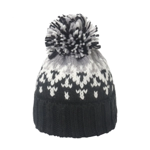 Winter mohair knit beanie with grey geometric jacquard and multi-color pompom