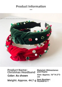 Close-up of velvet Christmas headbands with rhinestones and pearls detailing specifications