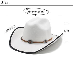 Size diagram for white wool felt cowboy hat with dimensions 57-58cm brim and crown height
