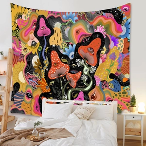 Bohemian mushroom tapestry with psychedelic eye patterns decorating a bedroom wall