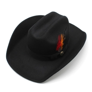 Detailed close-up of a black felt cowboy hat featuring colorful feathers and metal buckle