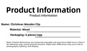 Detail view of wooden Christmas clips specifications and 6-piece OPP bag packaging