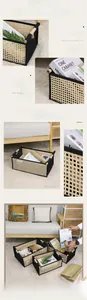 Detailed view of woven bamboo storage basket with wooden handles and black metal frame