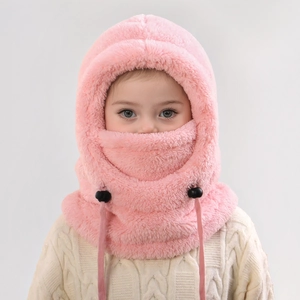 Close-up of pink thickened fleece balaclava hood with adjustable drawstring and face mask