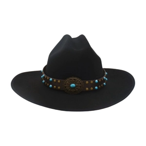 Black wool felt western cowboy hat with turquoise leather band and floral buckle