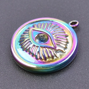 Macro shot of rainbow electroplated evil eye pendant in durable stainless steel
