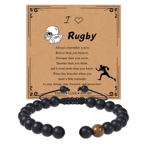 Rugby Bracelet Natural Stone Black Matte Tiger Eye Beads Braided Adjustable Sports Jewelry For Men Boys With Card