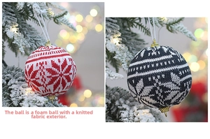 Detail of knitted Christmas tree ornaments with snowflake patterns on snowy branches