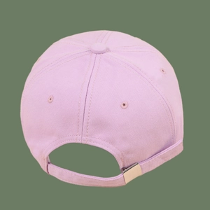 Close-up of pink cotton beanie hat with adjustable silver metal buckle on the back