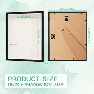 Detailed size chart for 16x20 inch shadow box frame with internal and external measurements