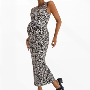 Detail of leopard print maternity maxi dress with slim fit and round neck design