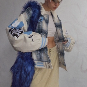 Y2K style faux fur shoulder bag with blue and white checkered varsity jacket