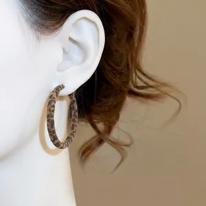 Retro velvet leopard print hoop earrings for women with brown geometric round dangle