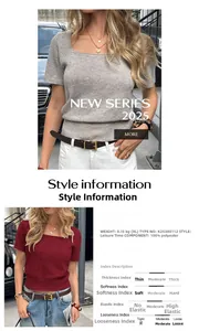 Détail du t-shirt en maille à manches courtes avec col carré et tableau des tailles