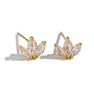 Gold stainless steel stud earrings with three-petal marquise cubic zirconia design