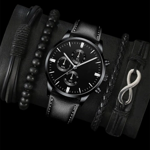 Men Business Fashion Quartz Watch And Bracelet Set Leather Strap Three Eye Dial Men Gift Box Set With Wallet Bracelet