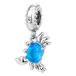 Silver crab charm pendant with blue oval gemstone and sparkling zircon accents