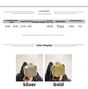 Detailed size chart for the acrylic box bag with 11x11x6 cm dimensions and 125 cm strap
