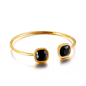 Golden open square bangle with black gemstones and polished stainless steel finish