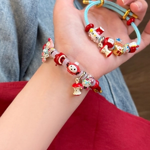 Bracelet En Corde Tressée Avec Breloques Chat Et Pomme En Émail Pour Femmes Style Dessin Animé Bijou Réglable