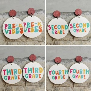 Wood Drop Earrings With Steel Earring Post Round Back To School Teacher Student Gift Colorful Grade Letter Print Novelty