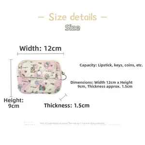 Detailed dimensions of quilted pouch with cartoon dog pattern and top zipper