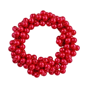 Close-up of vibrant red elastic hair scrunchie with lustrous pearl beads on white background