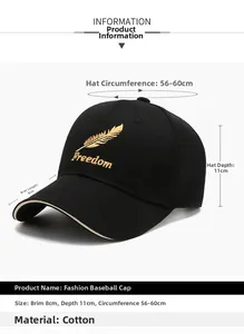 Detailed specifications of black cotton baseball cap showing dimensions and fabric texture