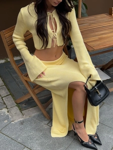 Haut En Tricot Côtelé À Lacets Et Jupe Maxi À Fente Latérale Pour Femmes Coton Polyester Style Streetwear Sexy