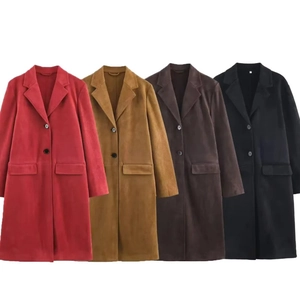 Women's mid-length faux suede jackets in red, camel, brown and black with flap pockets
