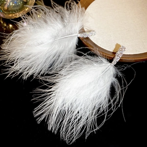 Close-up of elegant silver feather tassel earrings with sparkling zircon stones