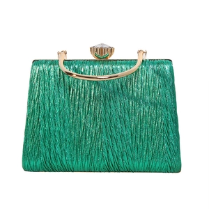 Metallic green pleated evening clutch bag with golden top handle and jewel clasp
