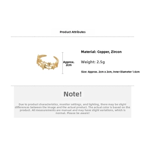 Detailed specs of gold triple star ring with zircon inlay showing dimensions and 2.5g weight