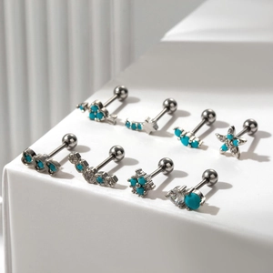 Set of surgical steel cartilage earrings with turquoise and zircon in various shapes