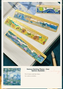 Detail of laser-cut metal bookmarks with oil painting themes and 10cm ruler markings