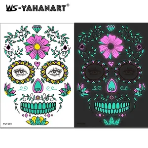 Luminous Day of the Dead face tattoo stickers with sugar skull and floral glow designs