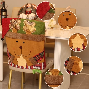Christmas reindeer chair cover with red plaid and soft plush details for holiday dining decor