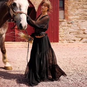 French style black lace chiffon long dress with semi-transparent top and layered skirt