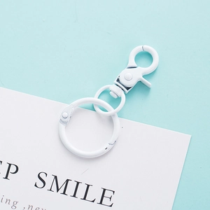 Close-up of a white painted metal lobster clasp and key ring on a minimalist card