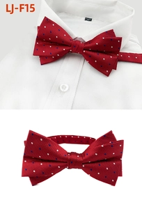 Detailed view of red bow tie with blue and white polka dots on a white shirt