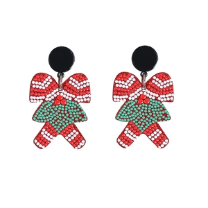Festive Santa Claus bow earrings with Christmas tree and candy cane beaded design