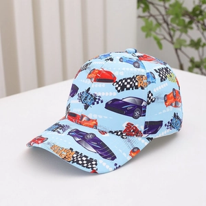 Detail of children's baseball cap featuring colorful speed racer prints and racing flags