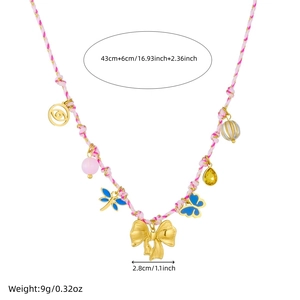 Bohemian hand-woven pink necklace with gold bow and dragonfly pendants, 43cm long
