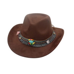 Western Cowboy Hat Faux Suede Fedora Ethnic Band Turquoise Tassels Beaded Bohemian Retro Performance Jazz For Women