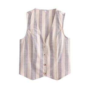 Ensemble vintage gilet et pantalon à rayures style lin pour femme avec col en V
