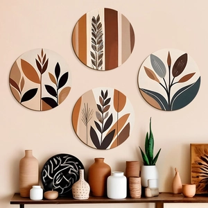 Set of 4 boho wood wall art plaques featuring minimalist botanical and geometric designs