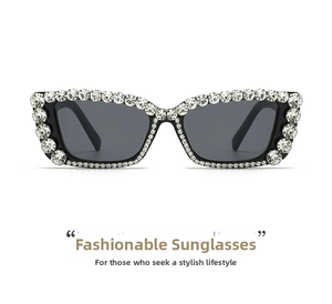Detailed view of square cat-eye sunglasses with luxury oversized white rhinestones