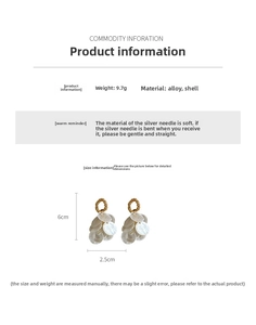 Detailed view of silver needle shell tassel earrings with size measurements of 6cm x 2.5cm
